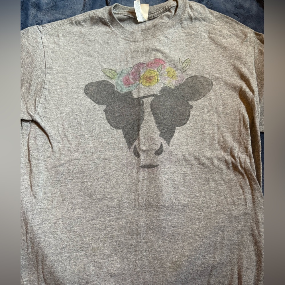 Gray T-Shirt with Cow and Floral Design